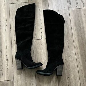 Anthropologie Musse & Cloud Black Suede Over the Knee Boots Chunky Heel 7.5